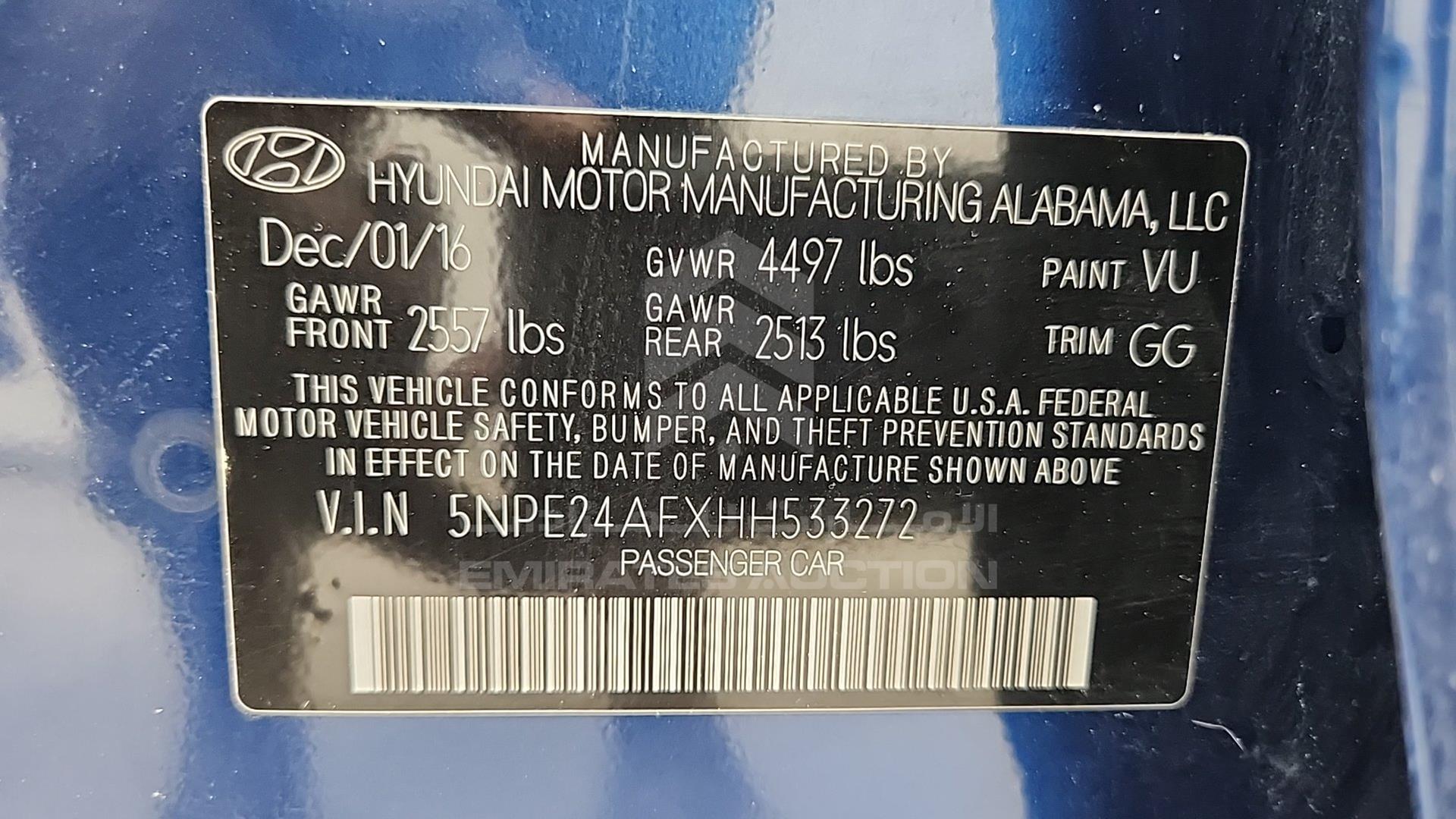 2017 HYUNDAI SONATA VIN: 5NPE24AFXHH533272