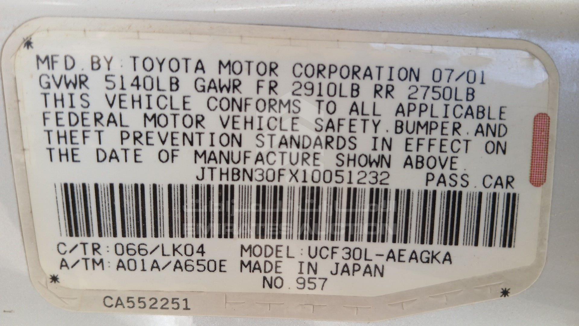 2001 LEXUS LS 430 VIN: JTHBN30FX10051232