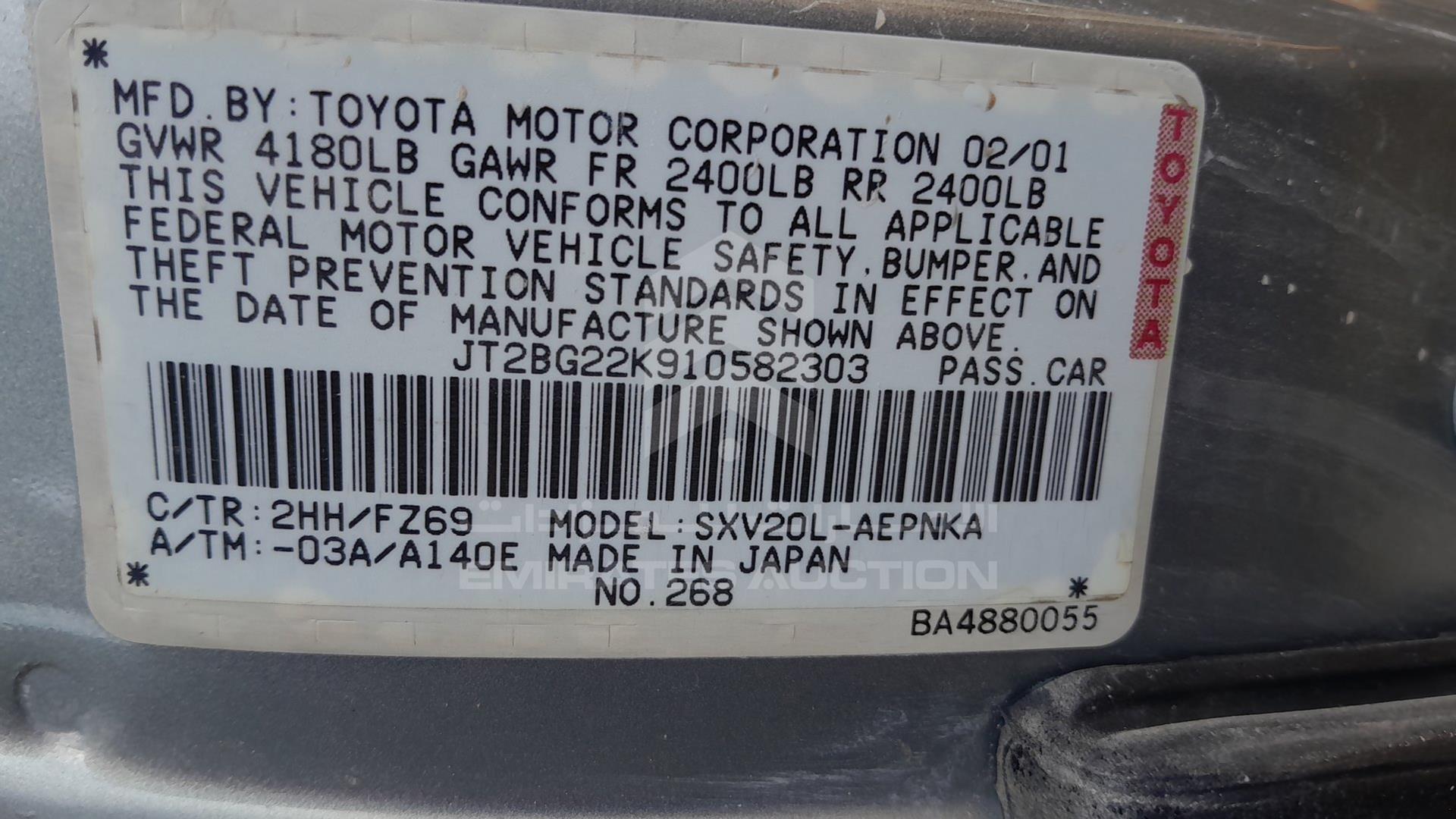 2001 TOYOTA CAMRY VIN: JT2BG22K910582303