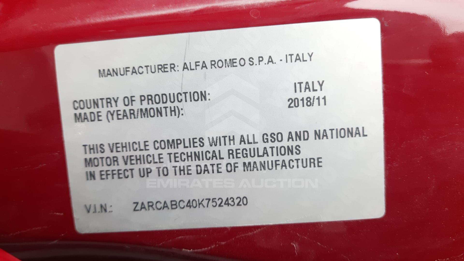 2019 ALFA ROMEO GIULIETTA VIN: ZARCABC40K7524320