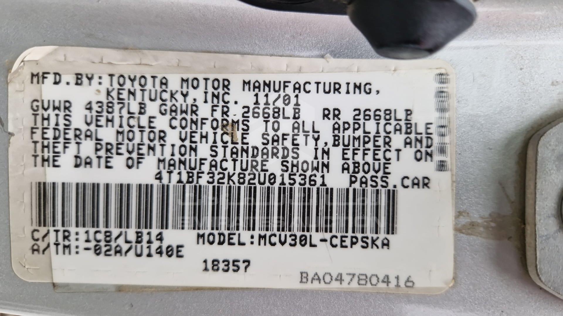 2002 TOYOTA CAMRY VIN: 4T1BF32K82U015361