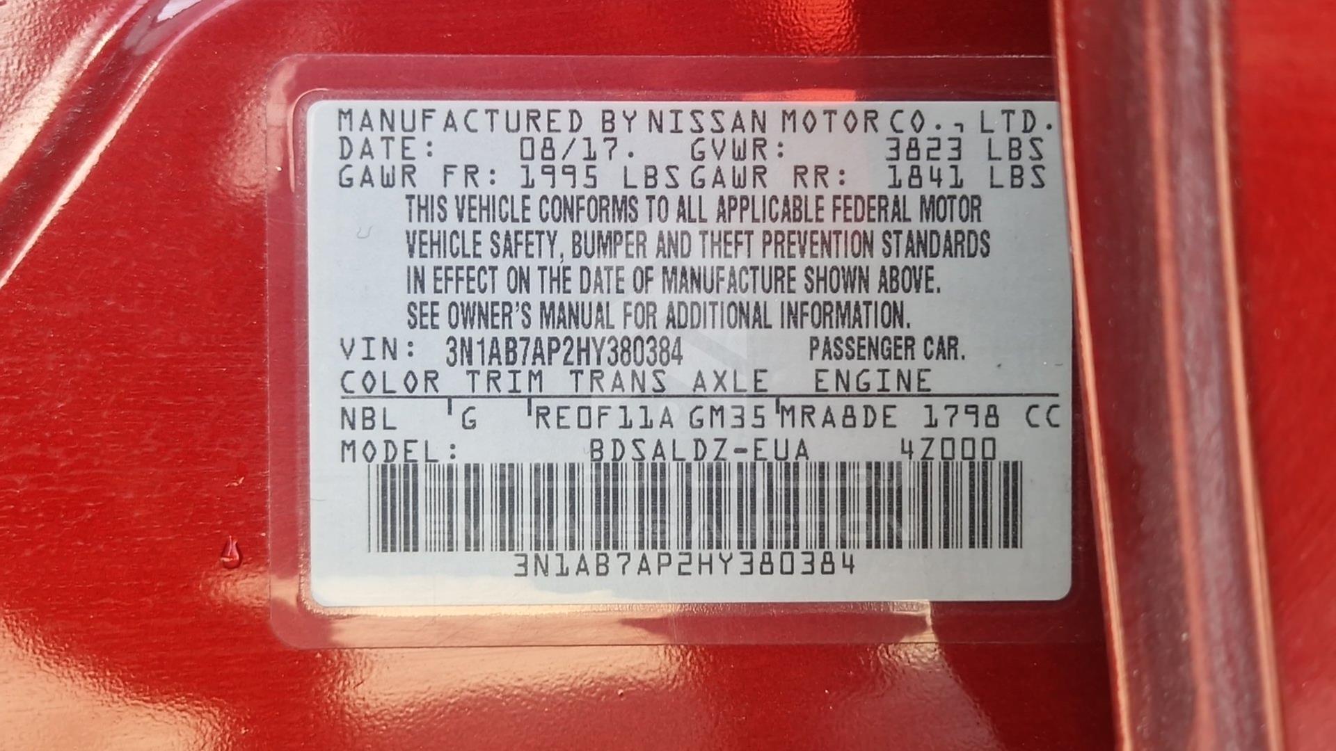 2017 NISSAN SENTRA VIN: 3N1AB7AP2HY380384