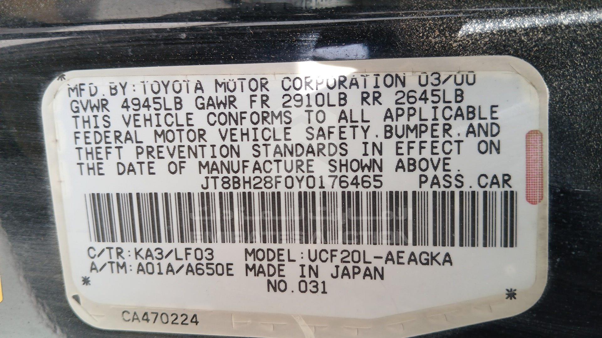 2000 LEXUS LS400 VIN: JT8BH28F0Y0176465