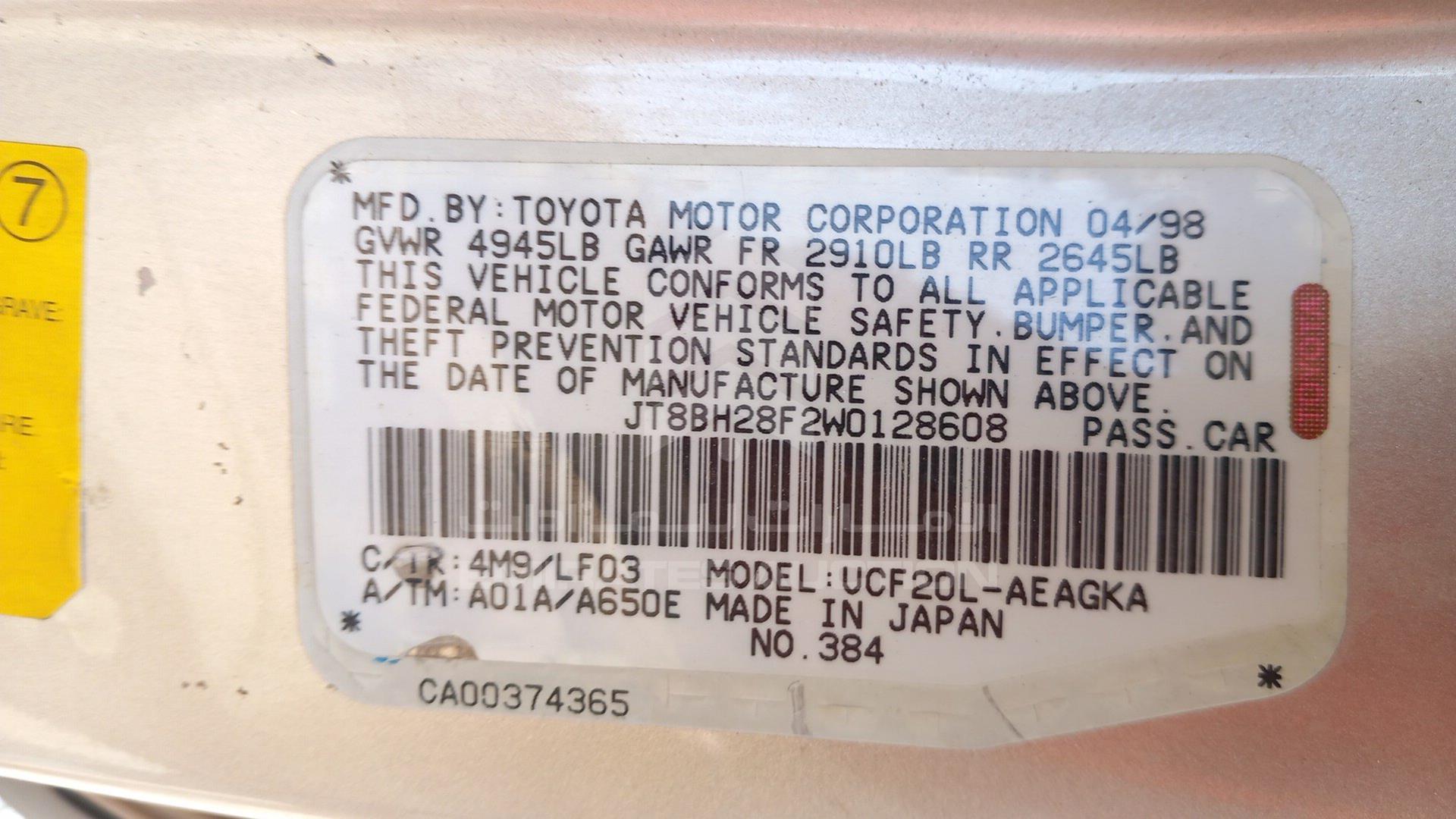1998 LEXUS LS400 VIN: JT8BH28F2W0128608