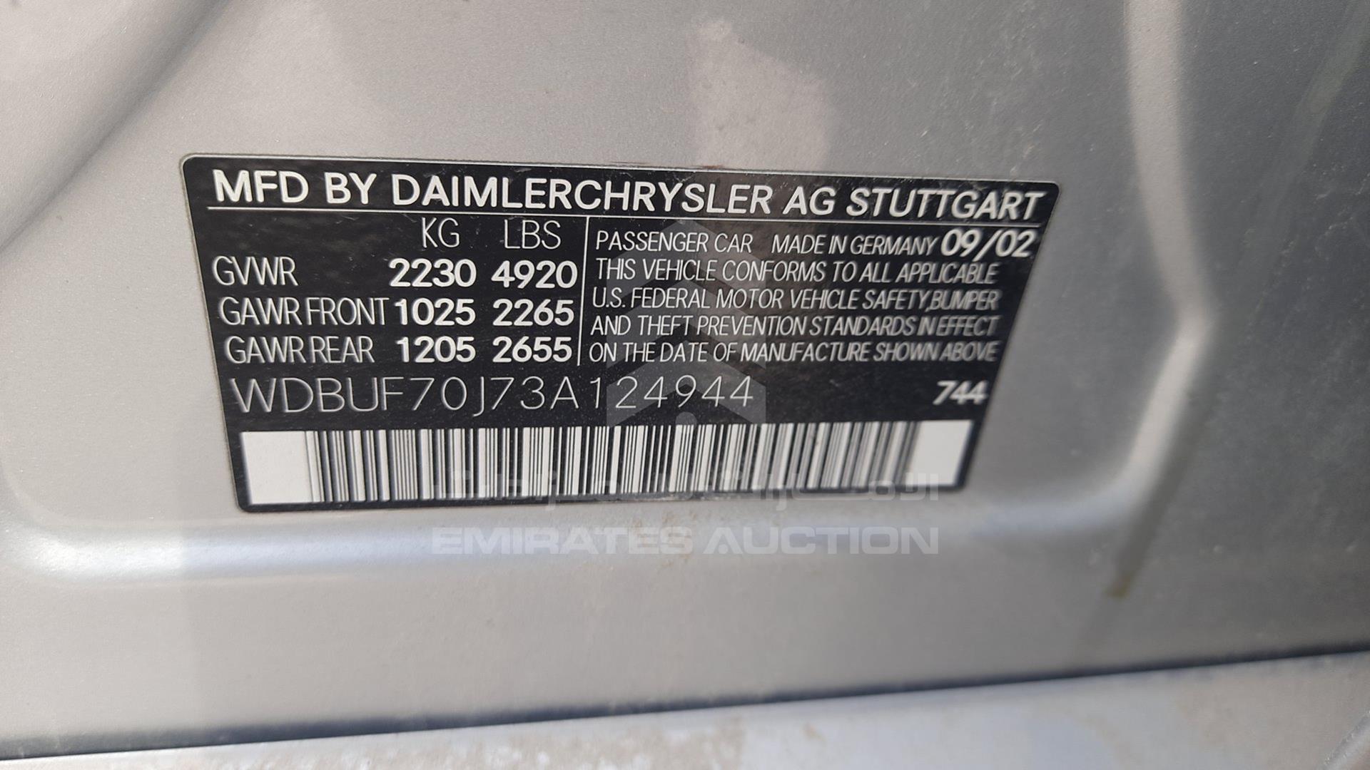 2003 MERCEDES E500 VIN: WDBUF70J73A124944