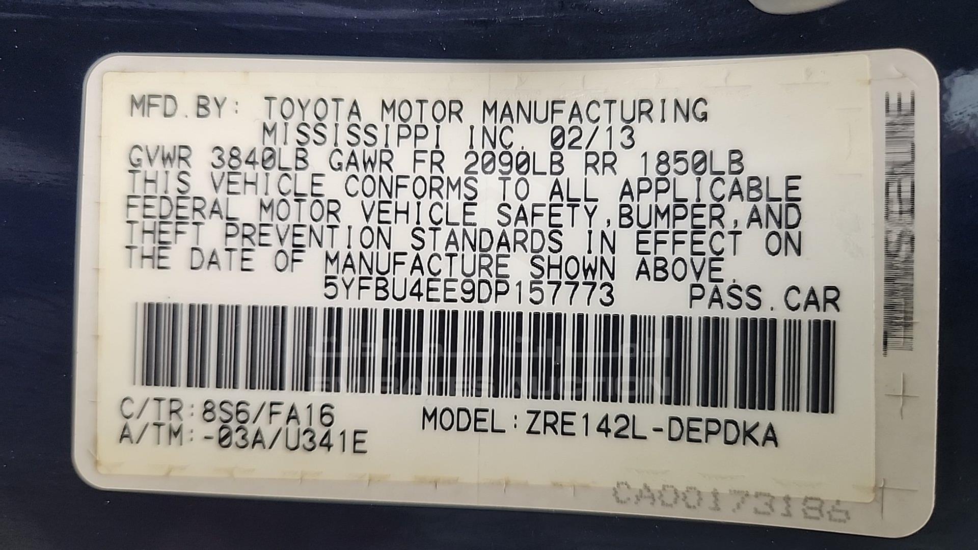 2013 TOYOTA COROLLA VIN: 5YFBU4EE9DP157773