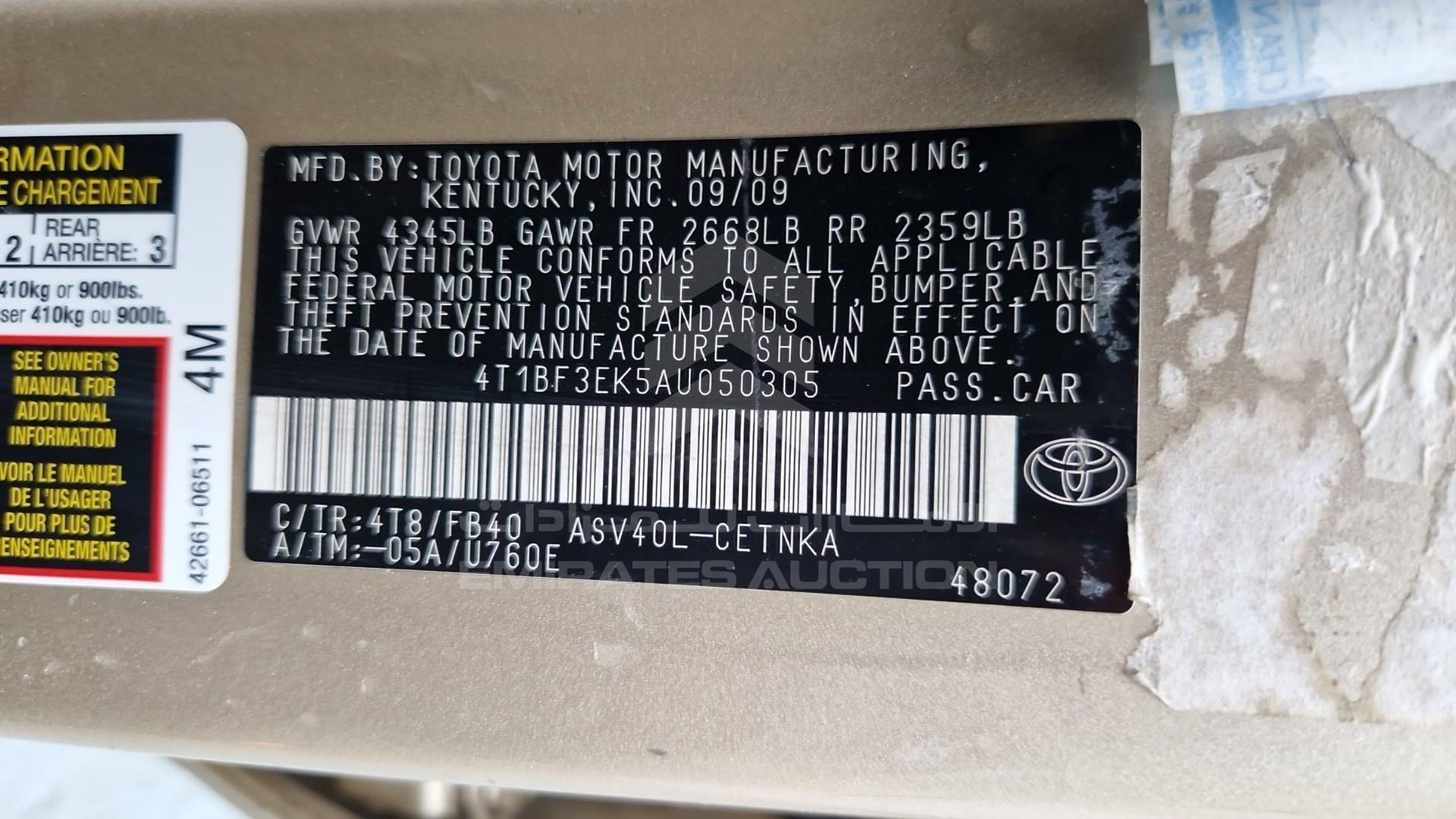 2010 TOYOTA CAMRY VIN: 4T1BF3EK5AU050305