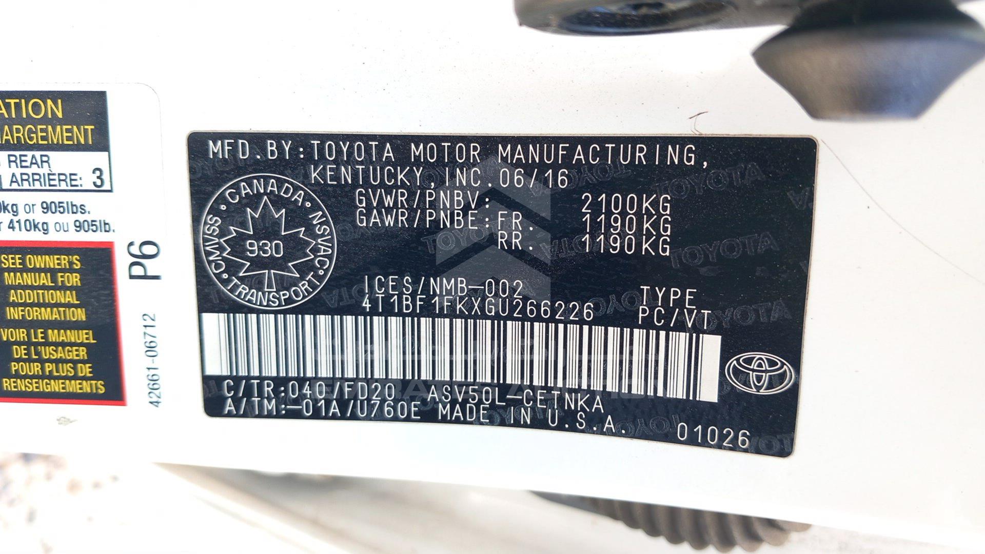 2016 TOYOTA CAMRY VIN: 4T1BF1FKXGU266226