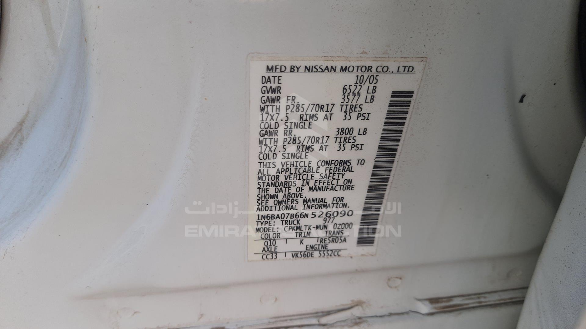 2006 NISSAN TITAN VIN: 1N6BA07B66N526090