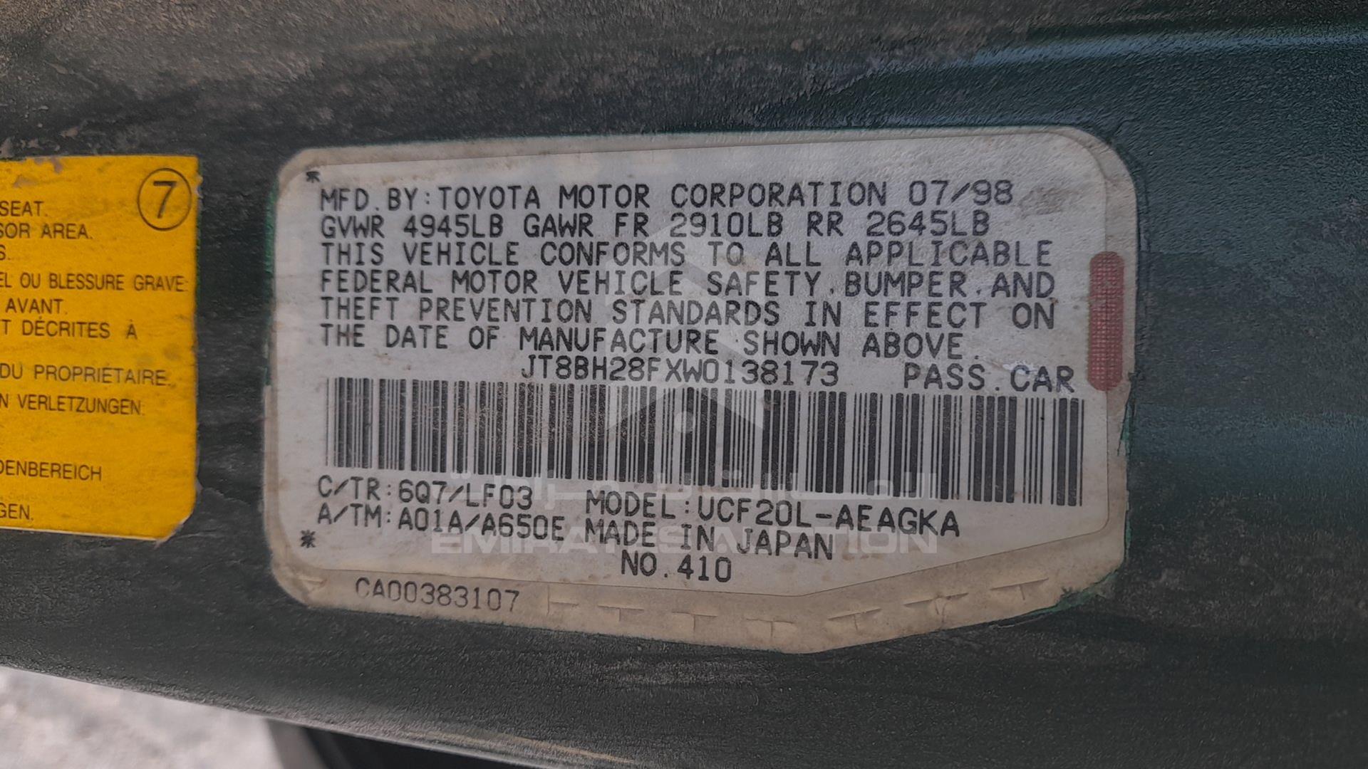 1998 LEXUS LS400 VIN: JT8BH28FXW0138173