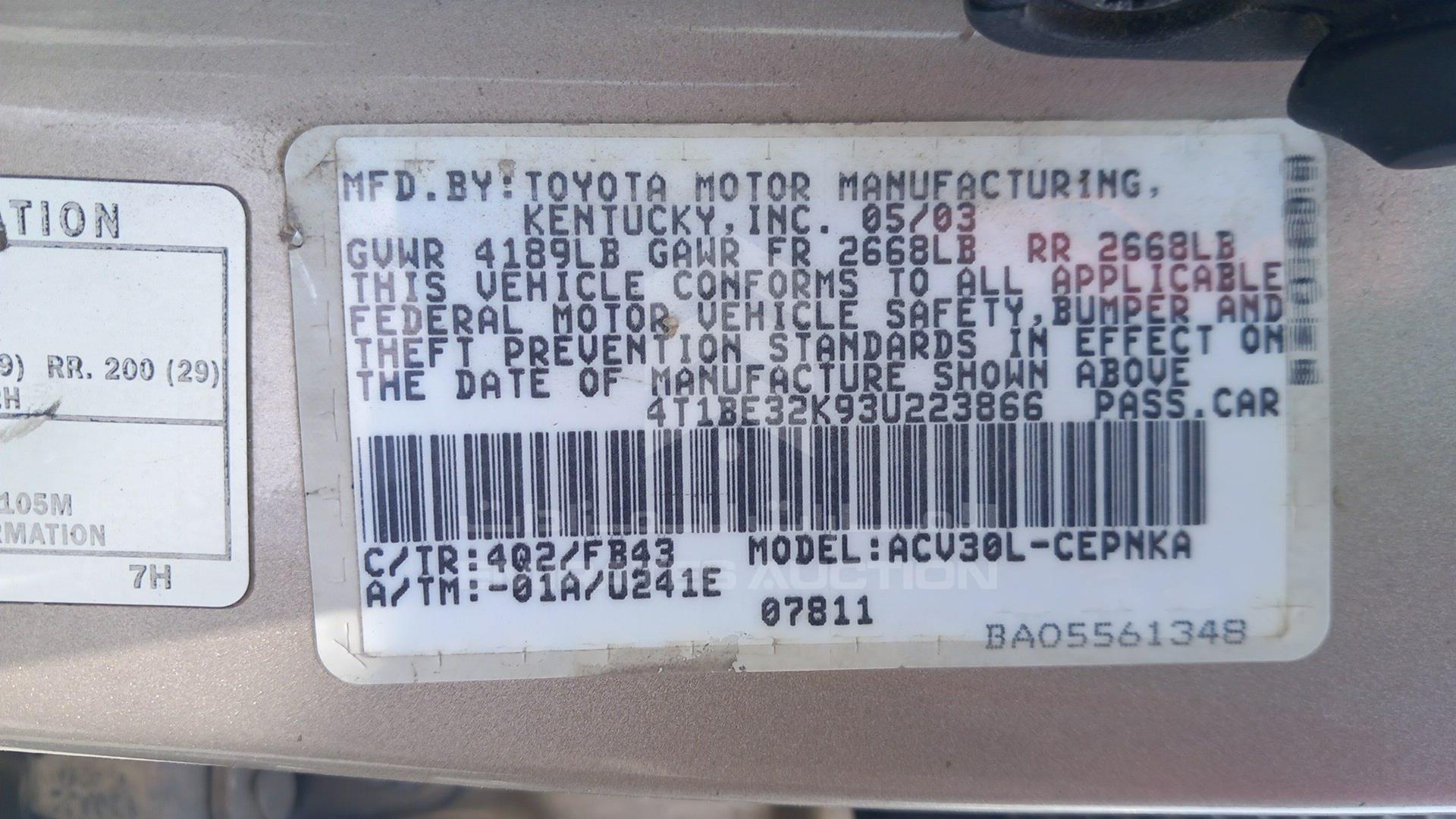 2003 TOYOTA CAMRY VIN: 4T1BE32K93U223866