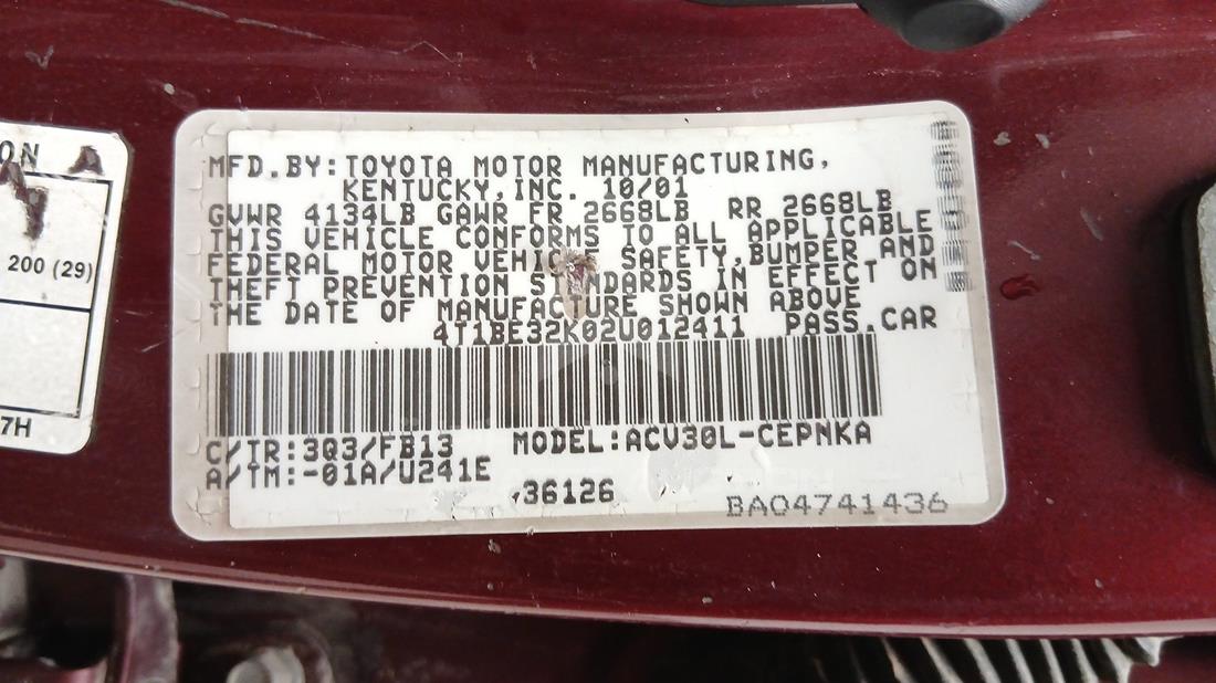 2002 Toyota Camry — VIN on Frame — Photo 3