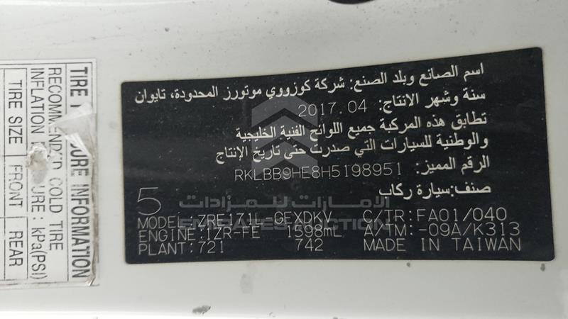 RKLBB9HE8H5198951 Auction: EmiratesAuction Lot: 404127 RKLBB9HE8H5198951 Toyota Corolla 2017 WHITE Photo 3