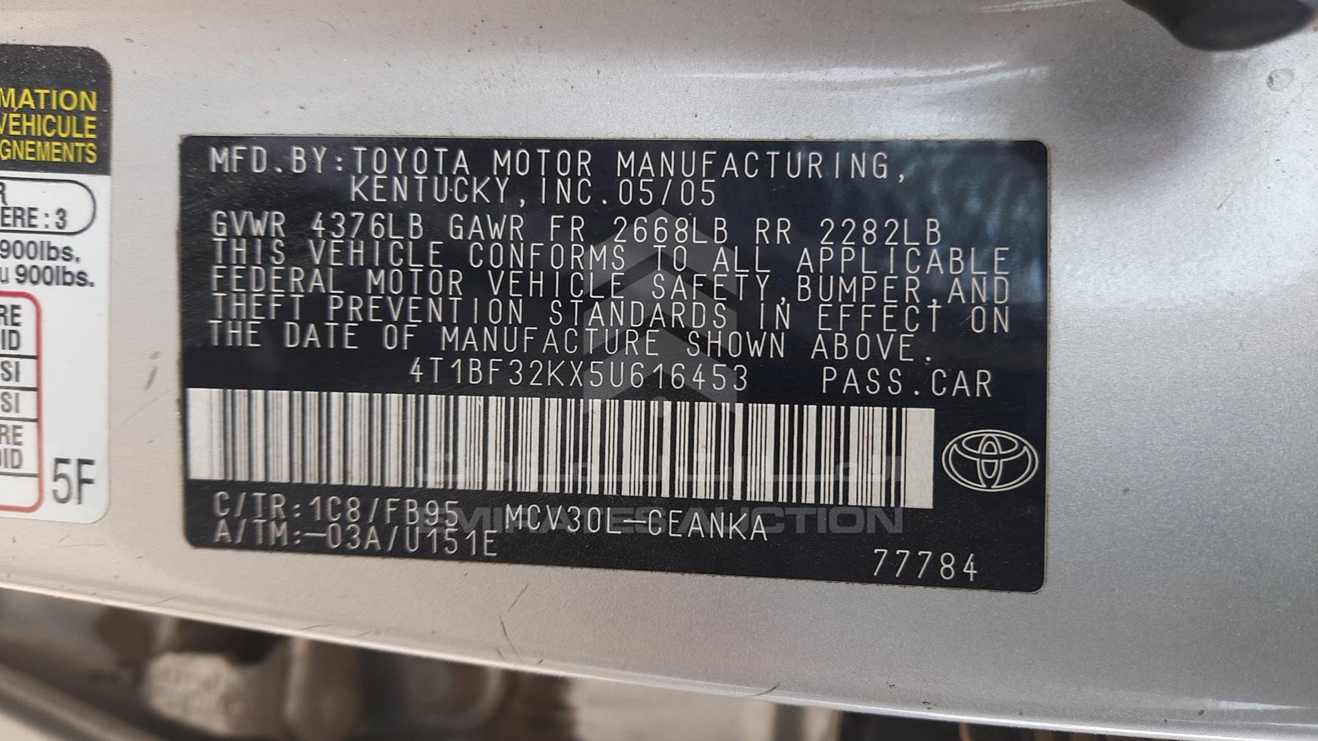 2005 TOYOTA CAMRY VIN: 4T1BF32KX5U616453