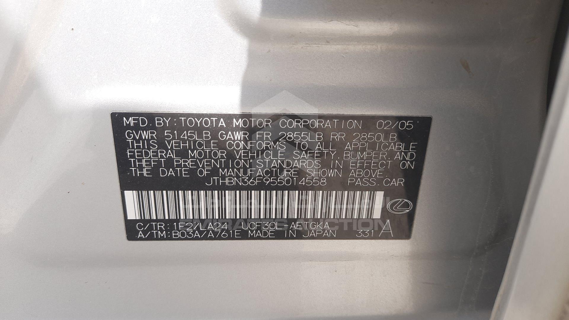 2005 LEXUS LS 430 VIN: JTHBN36F955014558